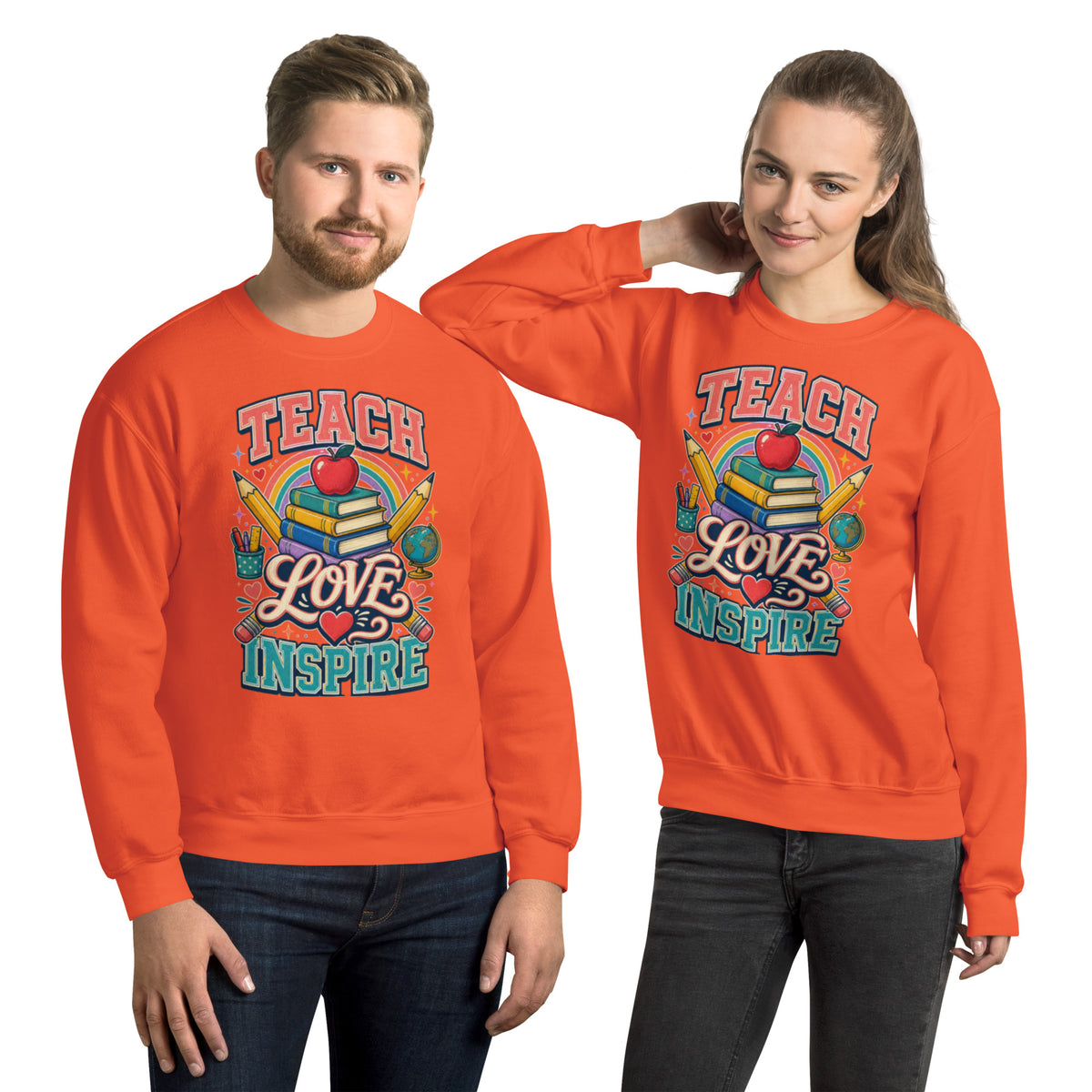 Teach Love Inspire Colorful Teacher sweatshirt in Orange, front