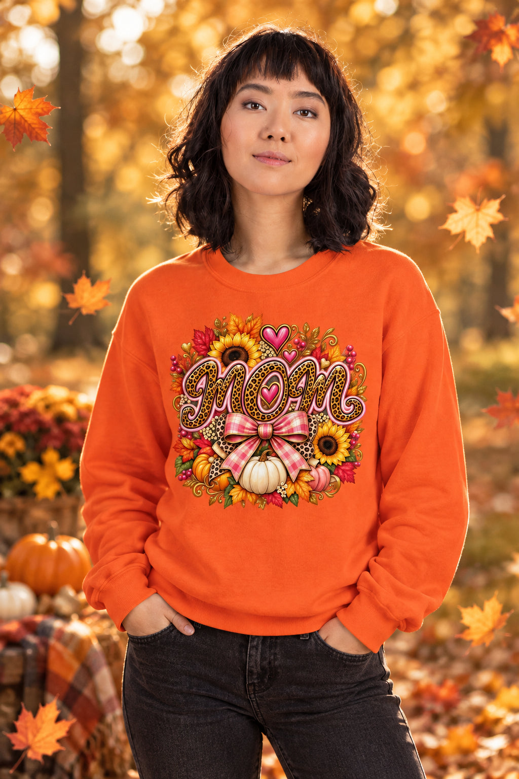 A woman wearing a bright orange crewneck sweatshirt with a colorful autumn-themed graphic on the chest featuring the word 'MOM' in brown glitter-style lettering surrounded by sunflowers, pumpkins, hearts, and a pink bow.