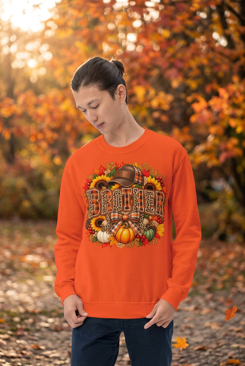 A man wearing a bright orange crewneck sweatshirt with a large autumn-themed graphic on the chest that reads 'BROTHER' in plaid letters surrounded by pumpkins, sunflowers, and leaves. The background is solid white.