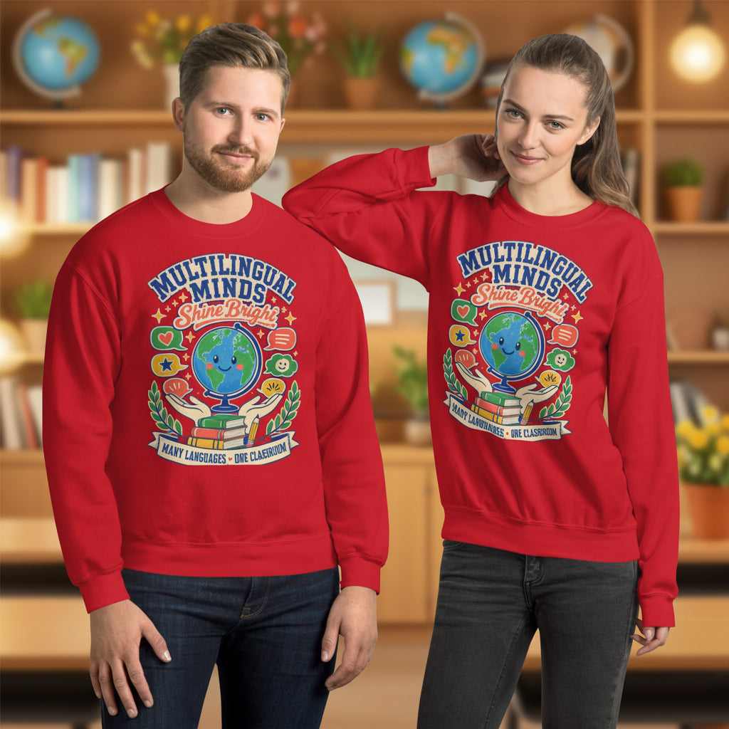 Multilingual Minds Shine Bright Teacher sweatshirt in Red, front