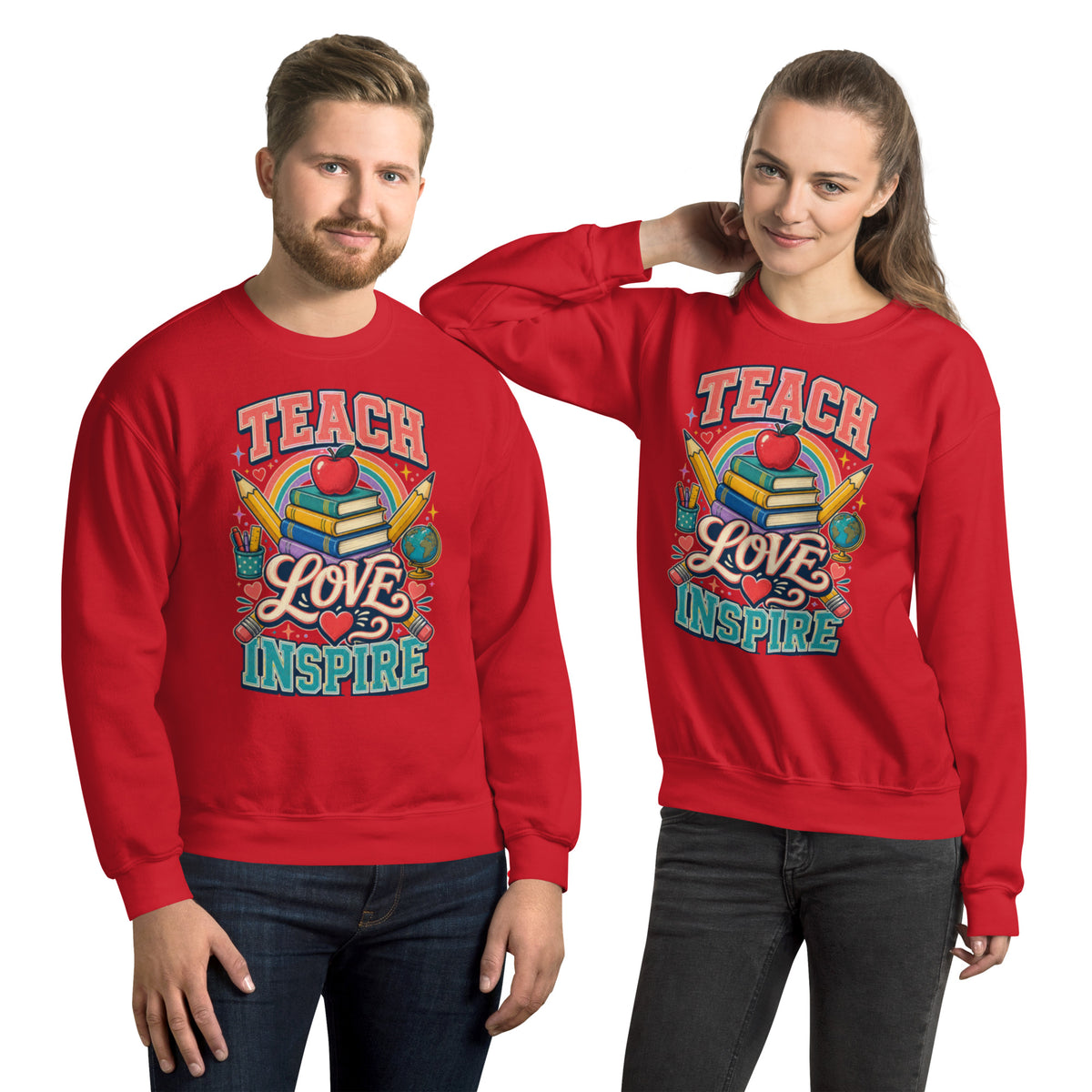 Teach Love Inspire Colorful Teacher sweatshirt in Red, front