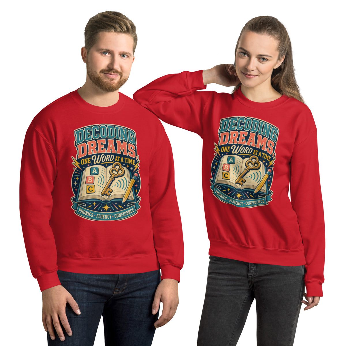 Decoding Dreams Reading Teacher sweatshirt in Red, front