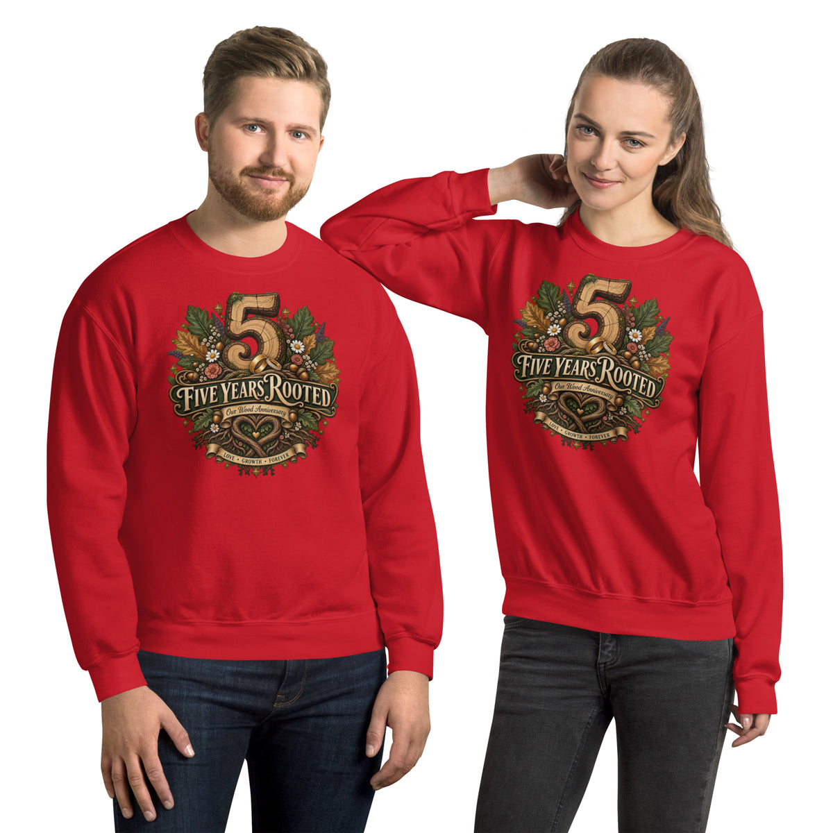 Five Years Rooted 5th Anniversary sweatshirt in Red, front