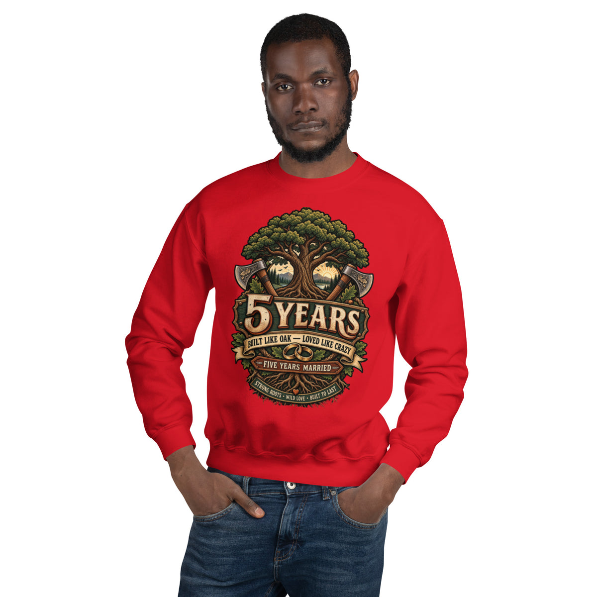 Built Like Oak 5th Anniversary sweatshirt in Red, front