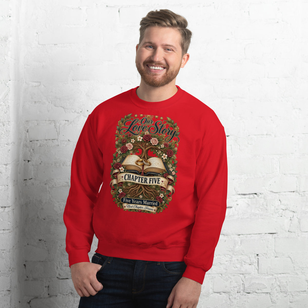 Our Love Story Chapter Five Anniversary sweatshirt in Red, front