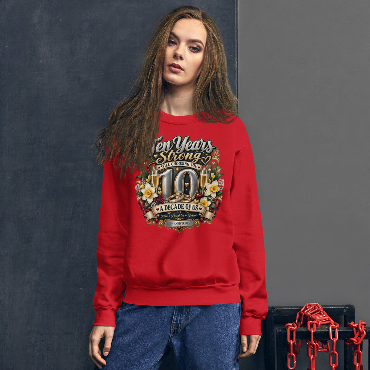 Ten Years Strong 10th Anniversary sweatshirt in Red, front