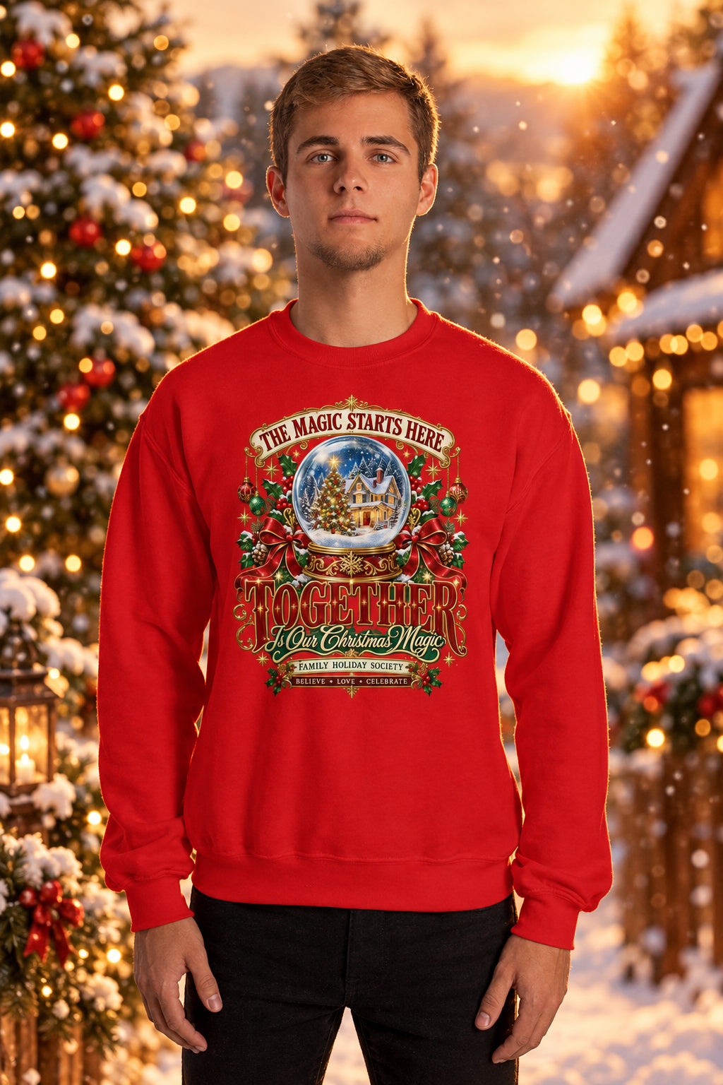 A man wearing a bright red crewneck sweatshirt with a large, detailed Christmas-themed graphic on the front. The graphic features a snow globe, holly, and festive text reading 'The Magic Starts Here' and 'JUGGLERS WINTER COLLECTION'.
