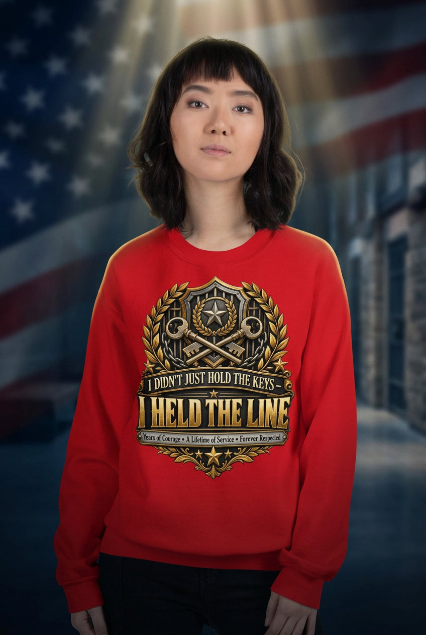A woman wearing a bright red crewneck sweatshirt with a large gold and black graphic on the chest that reads 'I DON'T JUST HOLD THE KEYS.