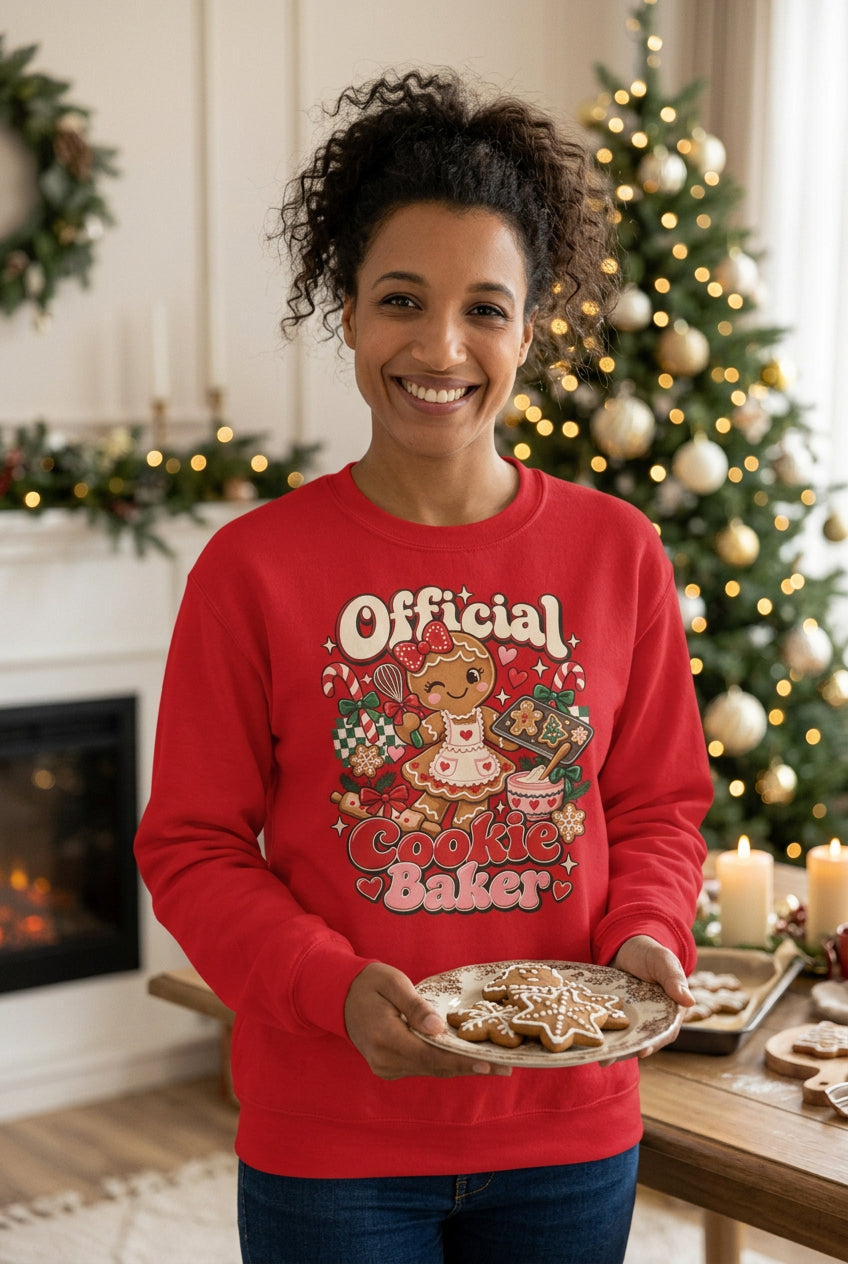 A woman wearing a red crewneck sweatshirt with a colorful 'Official Cookie Baker' graphic on the front, paired with blue jeans, standing against a two-tone gray and beige background.