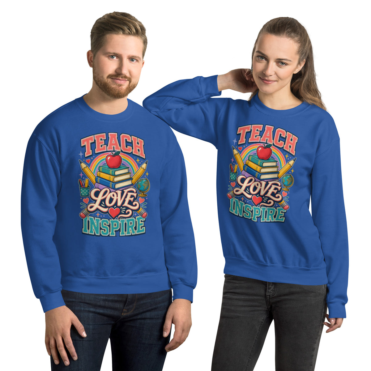 Teach Love Inspire Colorful Teacher sweatshirt in Royal, front