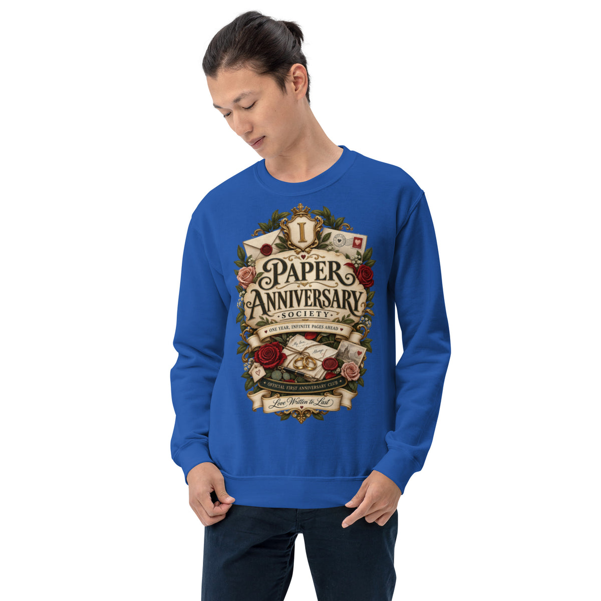 Paper Anniversary Society sweatshirt in Royal, front