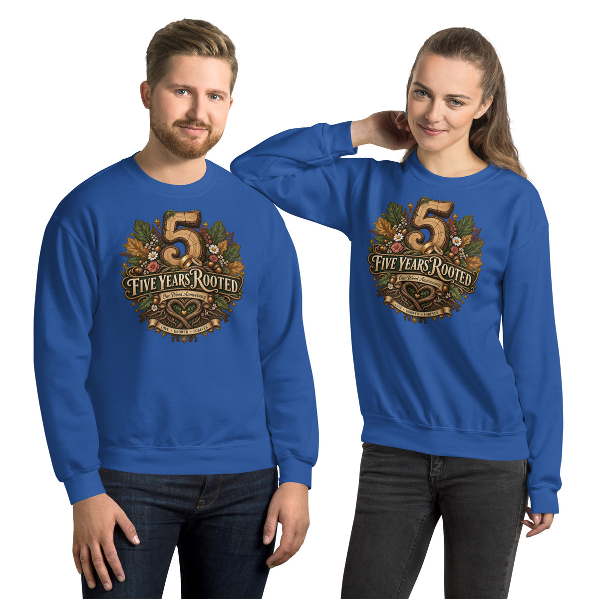 Five Years Rooted 5th Anniversary sweatshirt in Royal, front