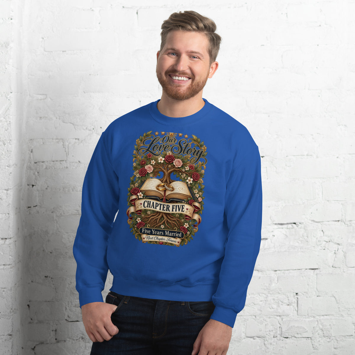 Our Love Story Chapter Five Anniversary sweatshirt in Royal, front