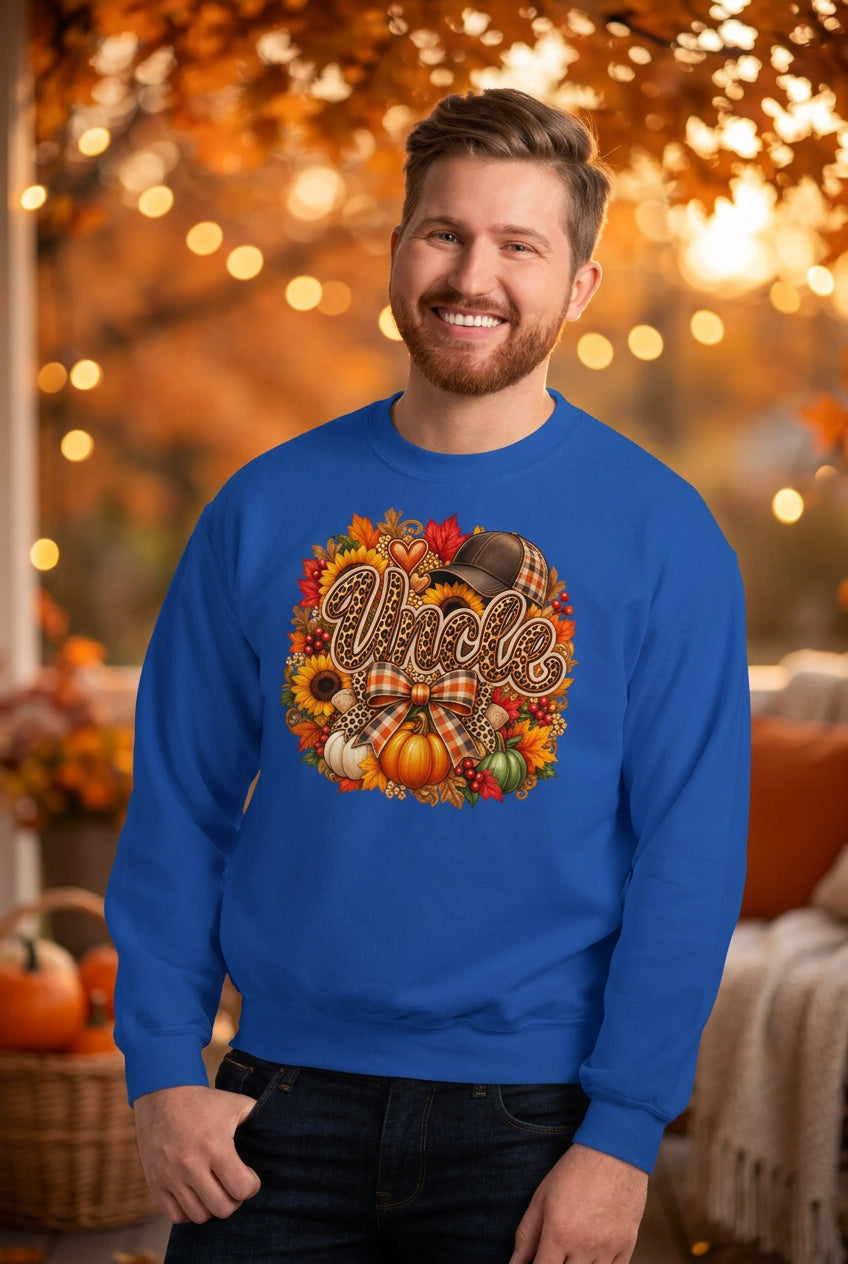A smiling man wearing a royal blue crewneck sweatshirt with a large Thanksgiving graphic on the chest, standing against a white painted brick wall.