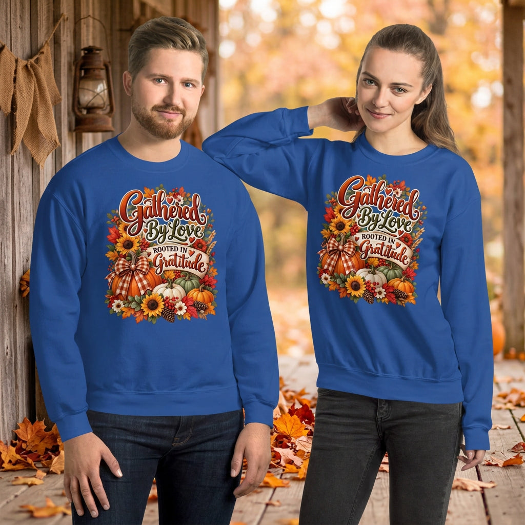 A man and a woman modeling matching royal blue crewneck sweatshirts with a colorful autumn-themed graphic that reads 'Gathered by Love, Rooted in Gratitude' with pumpkins, sunflowers, and fall leaves.