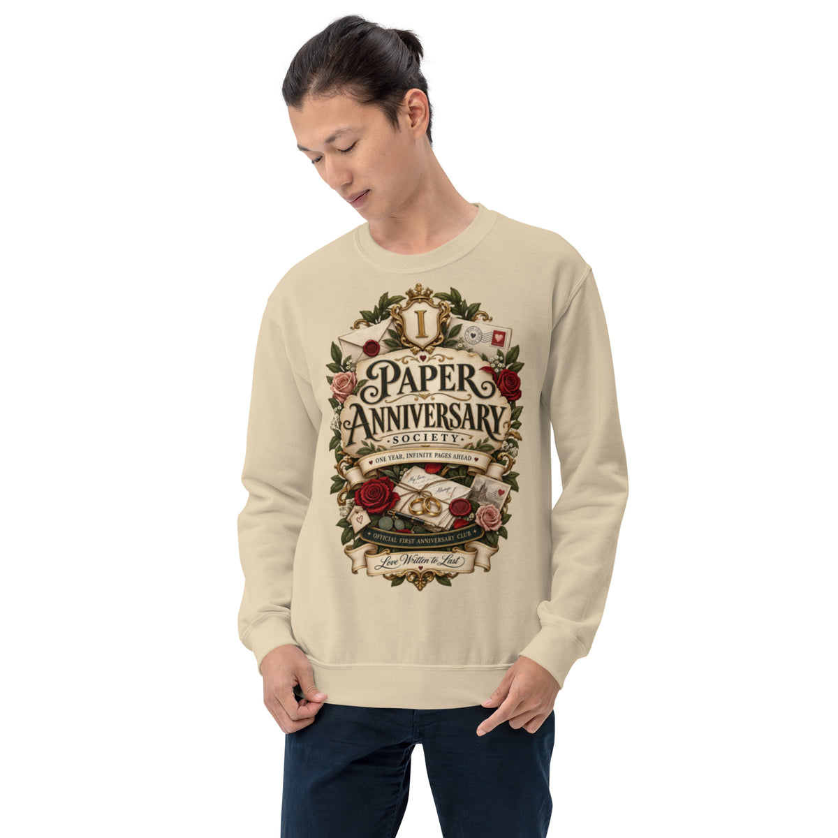 Paper Anniversary Society sweatshirt in Sand, front