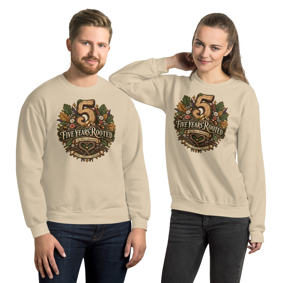 Five Years Rooted 5th Anniversary sweatshirt in Sand, front