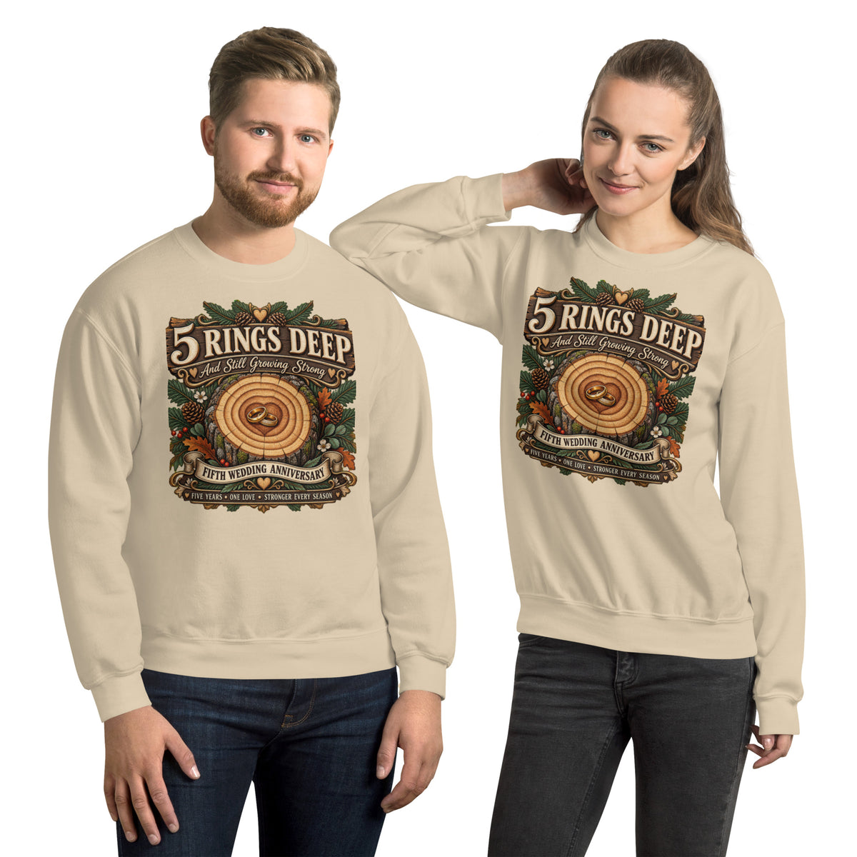 5 Rings Deep 5th Anniversary sweatshirt in Sand, front