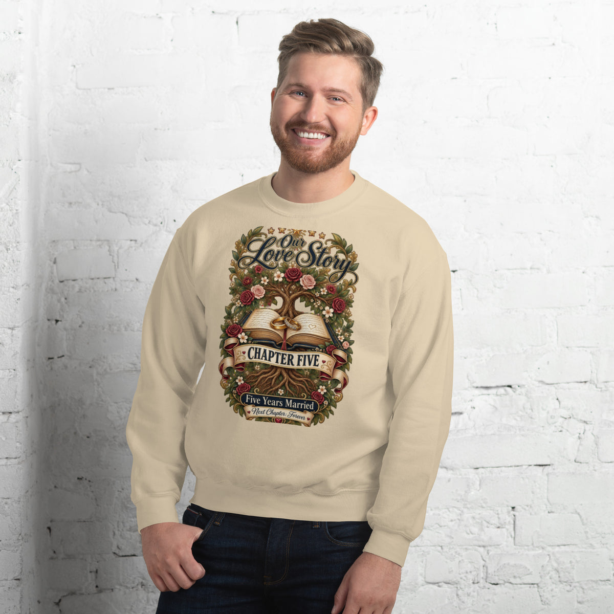 Our Love Story Chapter Five Anniversary sweatshirt in Sand, front