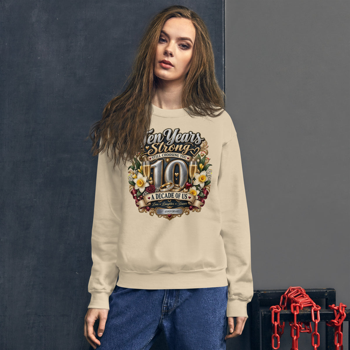 Ten Years Strong 10th Anniversary sweatshirt in Sand, front