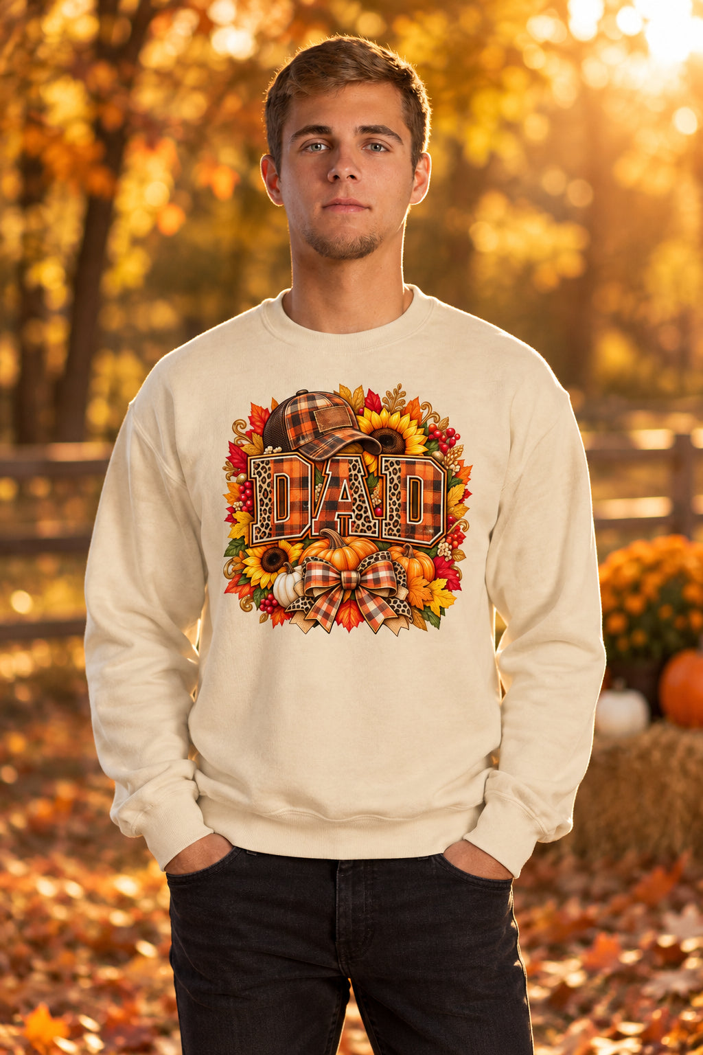 A man wearing a cream-colored crewneck sweatshirt with a colorful autumn-themed 'DAD' graphic on the chest, paired with black pants, against a plain white background.