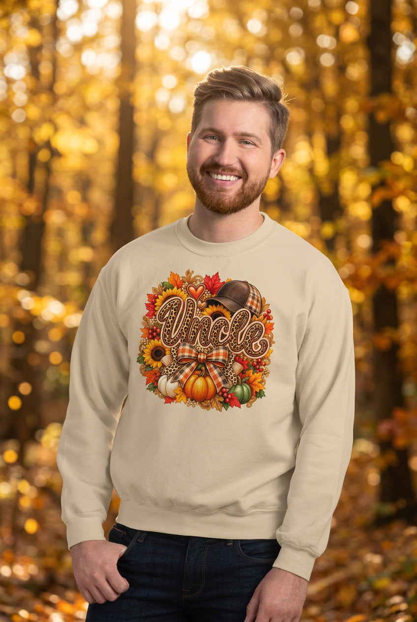 A smiling man wearing a beige crewneck sweatshirt with a colorful autumn-themed graphic that reads 'Uncle' surrounded by pumpkins, leaves, and a plaid bow. He is standing against a white painted brick wall.