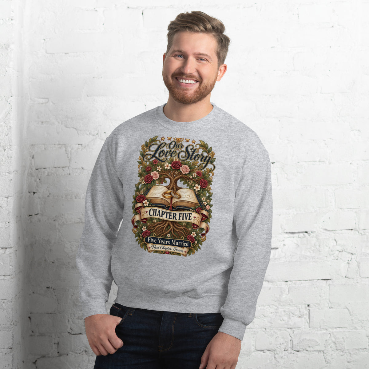 Our Love Story Chapter Five Anniversary sweatshirt in Sport Grey, front