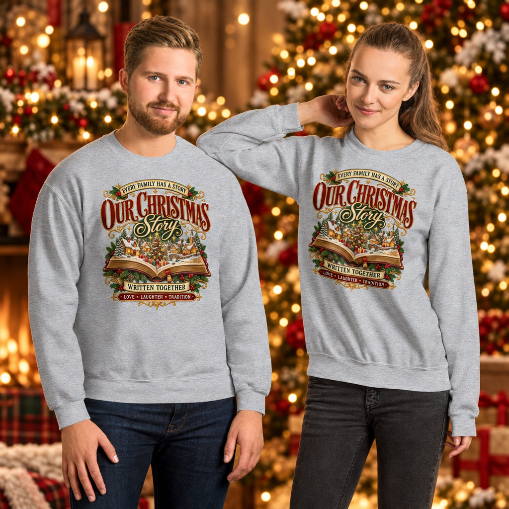 A man and a woman modeling matching heather gray crewneck sweatshirts with a large vintage-style Christmas graphic on the front. The graphic reads 'Our Christmas Story' with an open book and holiday illustration.