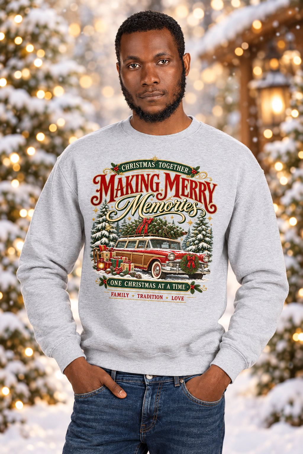 A man wearing a light gray crewneck sweatshirt with a vintage Christmas graphic that reads 'Making Merry Memories' and shows a station wagon with a Christmas tree on top, paired with blue jeans against a plain white background.