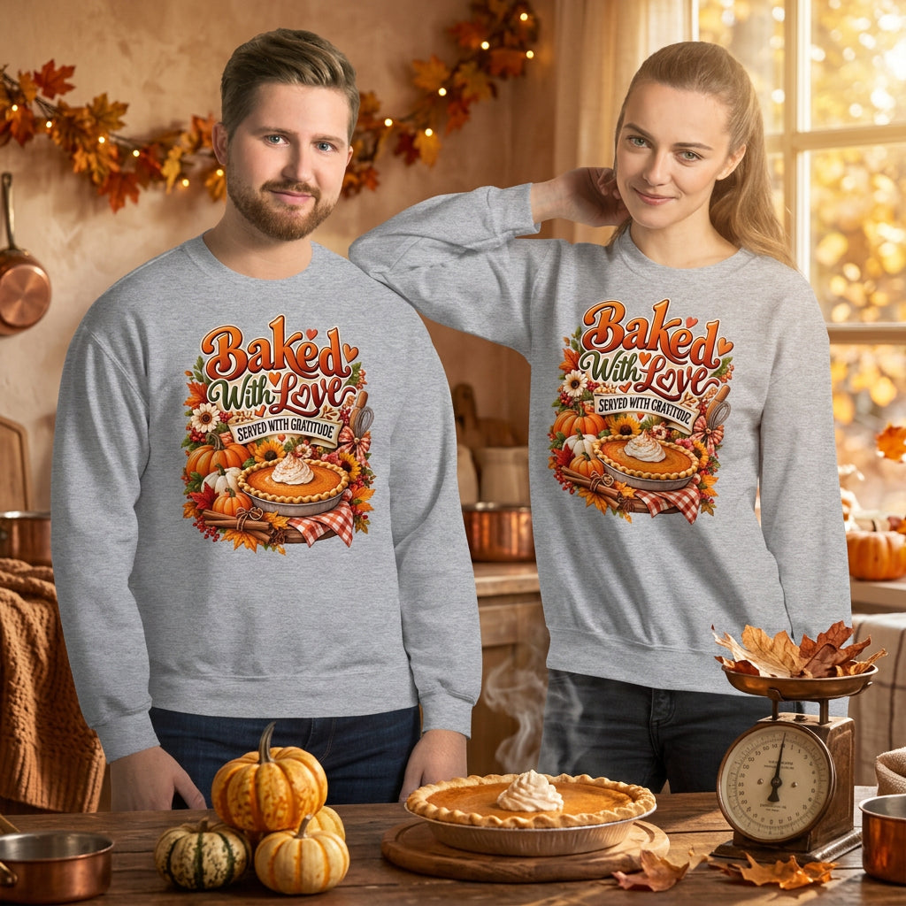 A man and a woman modeling matching heather gray crewneck sweatshirts with a colorful autumn-themed graphic that reads 'Baked With Love' and features a pie, pumpkins, and fall leaves.
