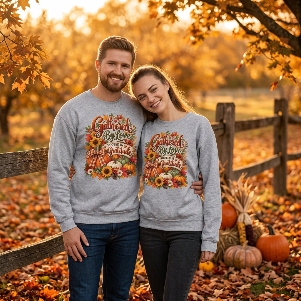 A man and a woman modeling matching heather gray crewneck sweatshirts with a colorful autumn-themed graphic that reads 'Gathered By Love, Rooted In Gratitude' surrounded by pumpkins, sunflowers, and fall leaves.