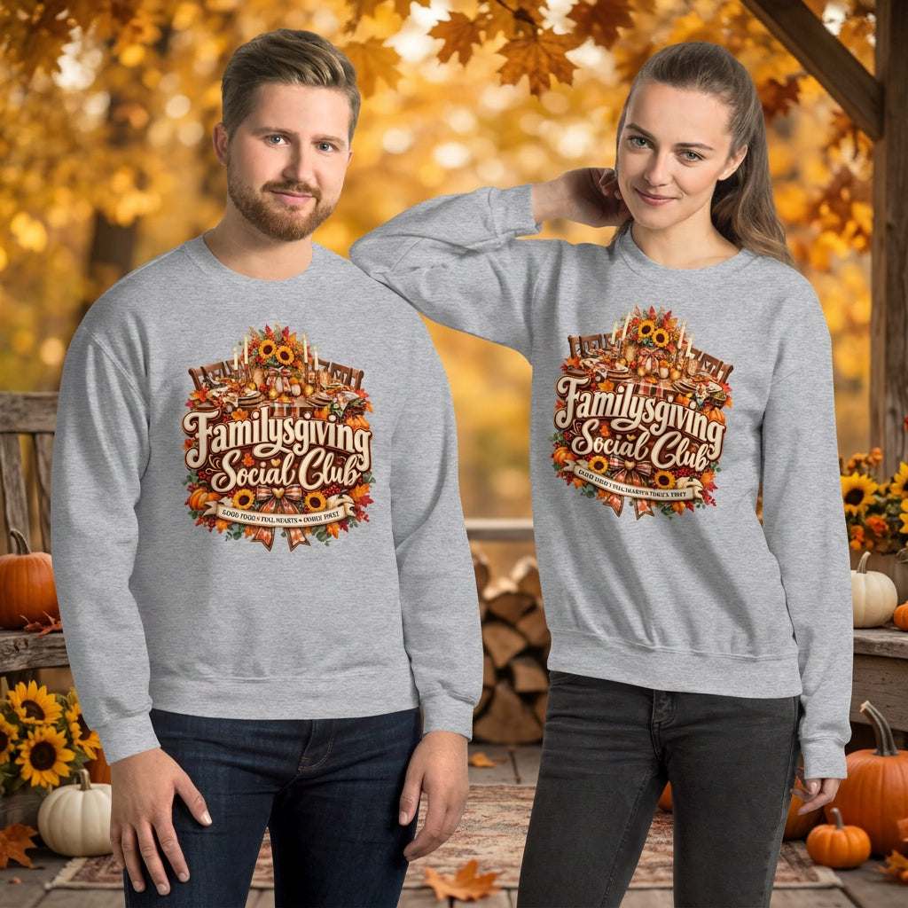 A man and a woman modeling matching heather gray crewneck sweatshirts with a large, colorful autumn-themed graphic on the chest that reads 'Familygiving Social Club' surrounded by fall leaves, pumpkins, and autumn decorations.