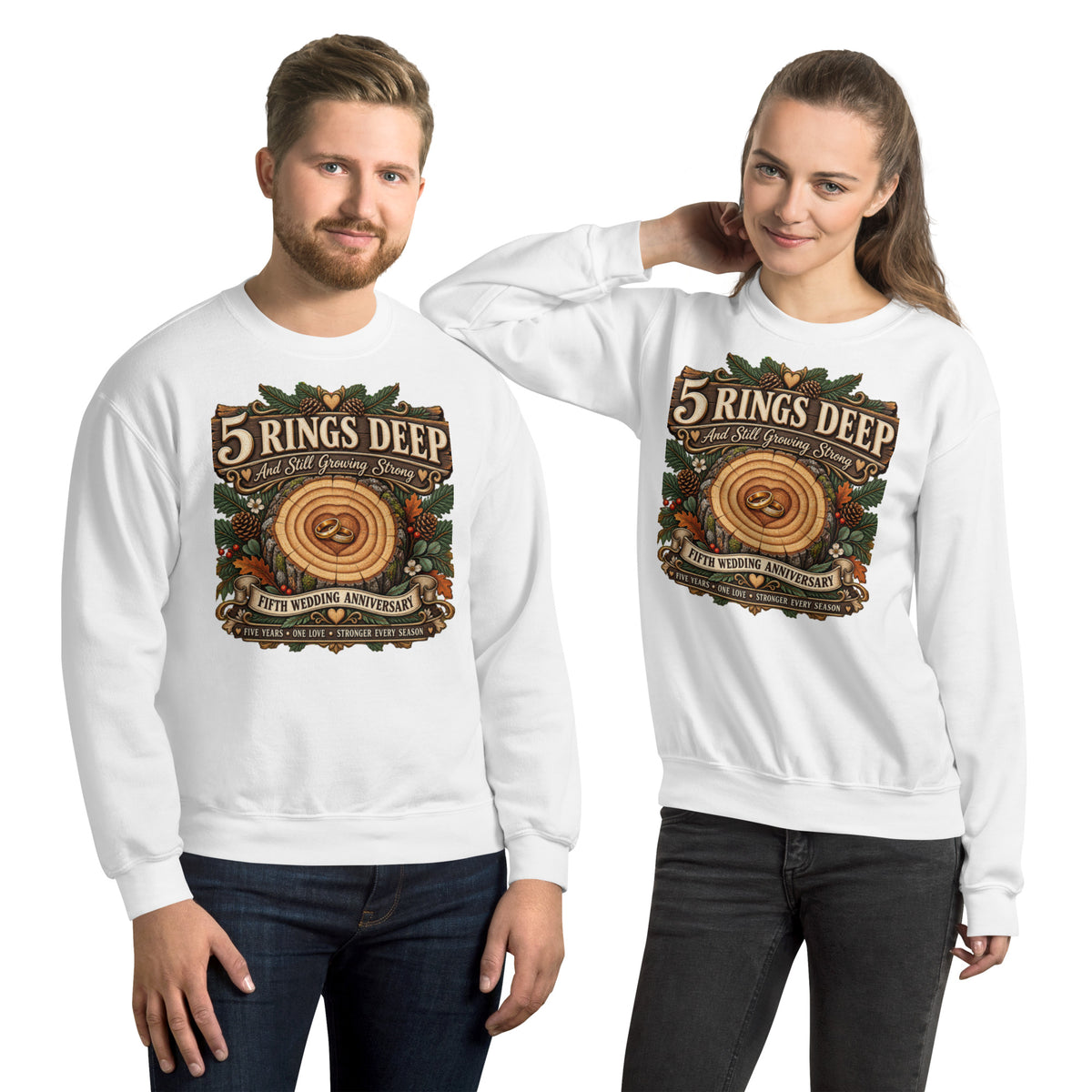 5 Rings Deep 5th Anniversary sweatshirt in White, front