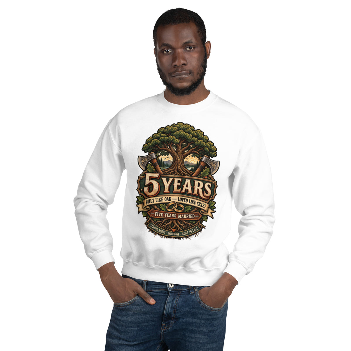 Built Like Oak 5th Anniversary sweatshirt in White, front