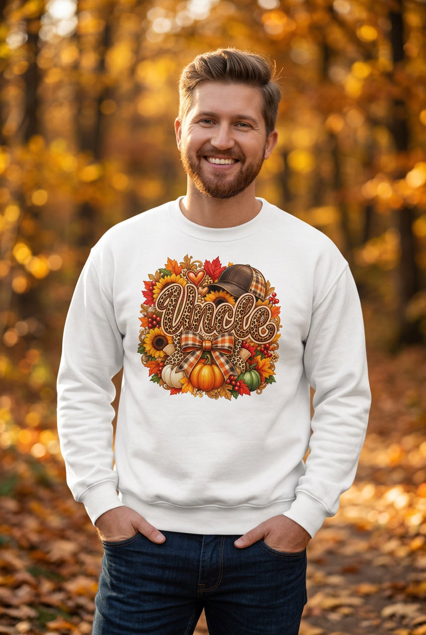 A smiling man wearing a white crewneck sweatshirt with a colorful autumn-themed graphic that reads 'Uncle' surrounded by pumpkins, leaves, and a plaid bow. He is standing against a white brick wall.