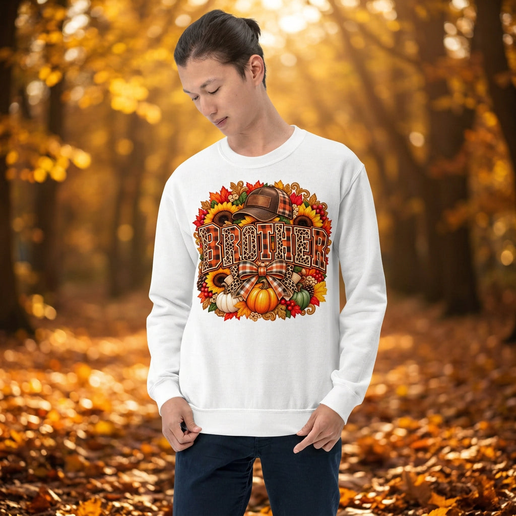 A man wearing a white crewneck sweatshirt with a colorful autumn-themed graphic that reads 'BROTHER' surrounded by pumpkins, sunflowers, and fall leaves. The background is solid white.