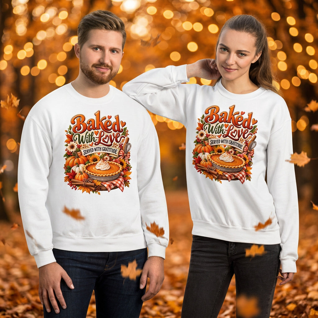 A man and a woman modeling matching white crewneck sweatshirts with a colorful autumn-themed graphic that reads 'Baked With Love' and features pumpkins, fall leaves, and a pie.