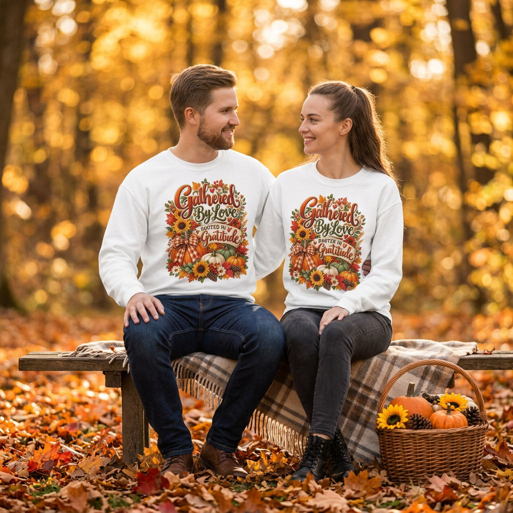 A man and a woman modeling matching white crewneck sweatshirts with a colorful autumn-themed graphic that reads 'Gathered By Love, Rooted in Gratitude' surrounded by pumpkins, sunflowers, and fall leaves.