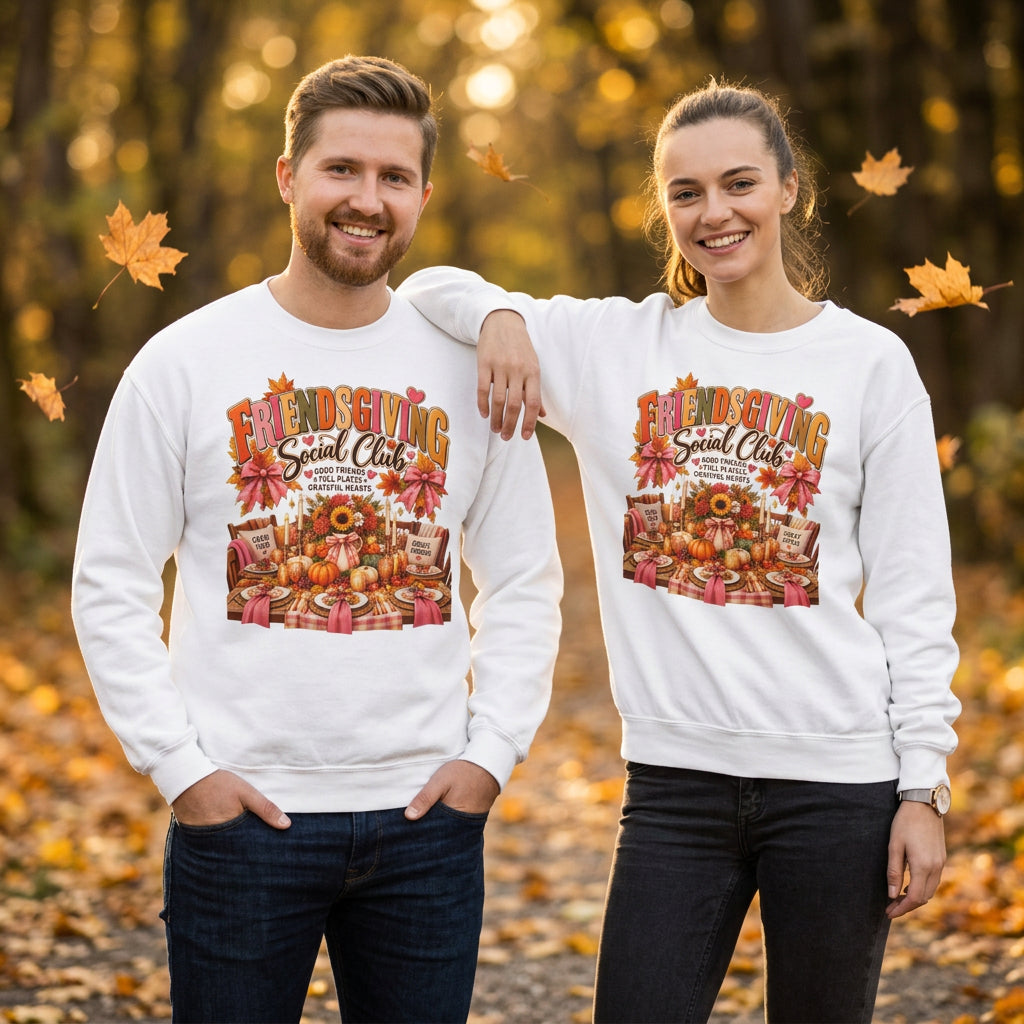 A man and a woman modeling matching white crewneck sweatshirts with a colorful 'Friendship Social Club' Thanksgiving graphic on the front, set against a plain white background.