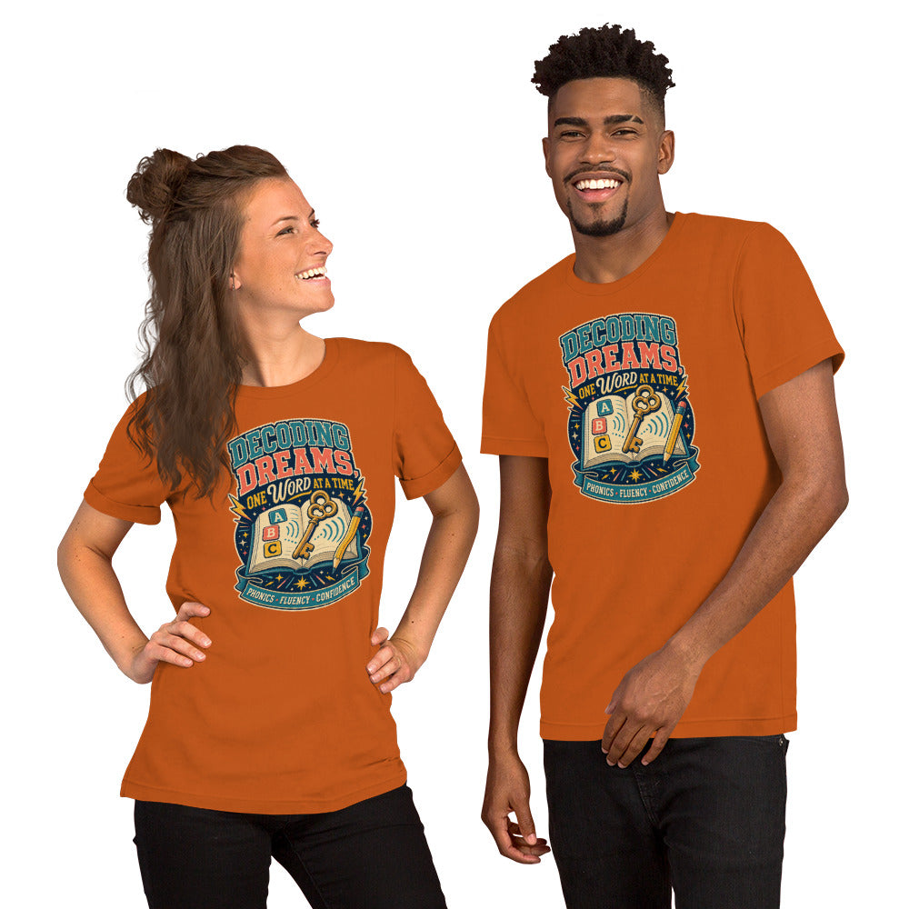 Decoding Dreams Reading Teacher t-shirt in Autumn, front