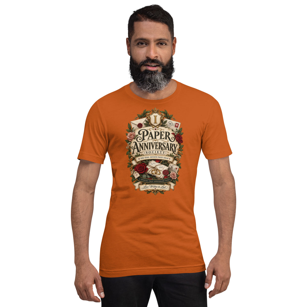 Paper Anniversary Society t-shirt in Autumn, front