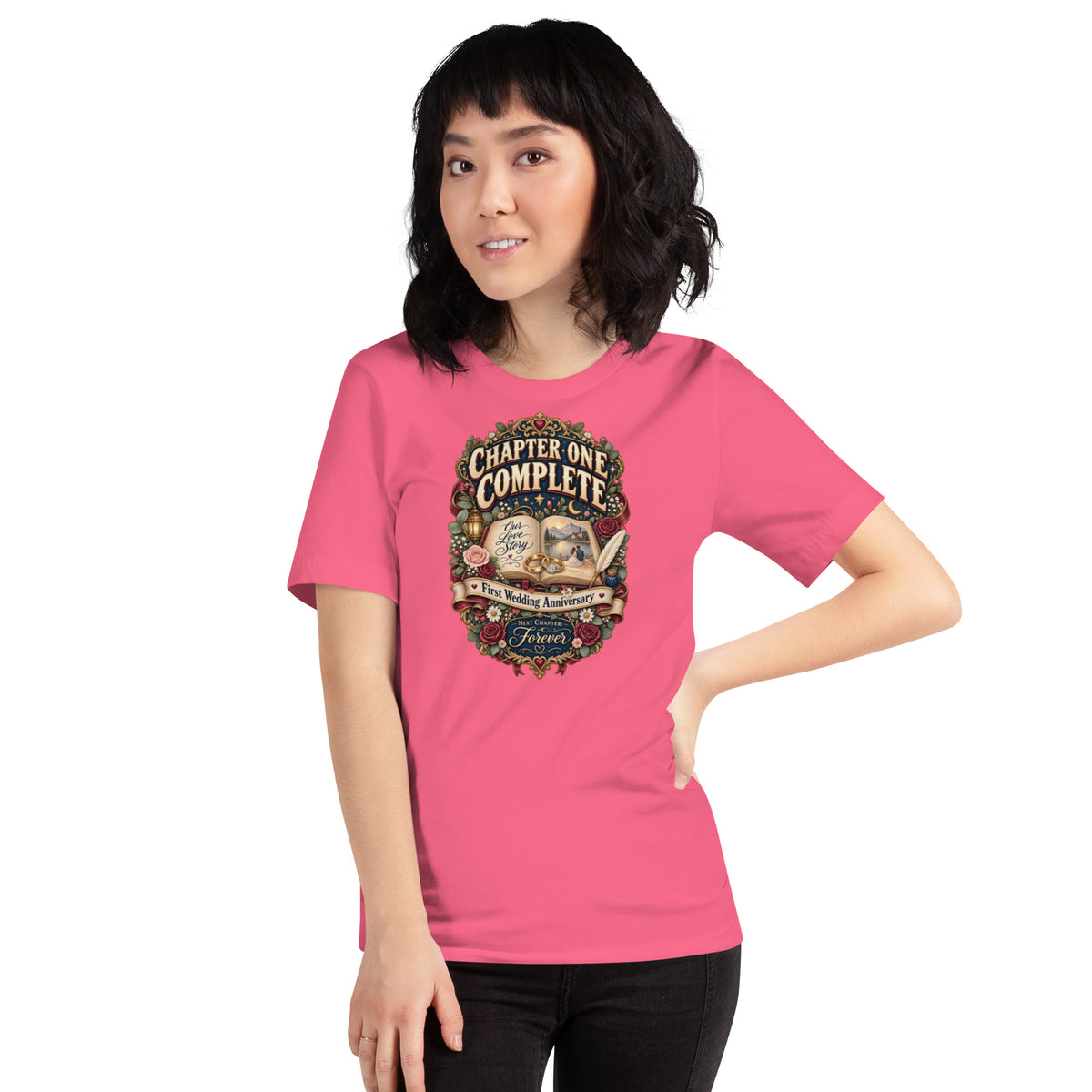 Chapter One Complete First Anniversary t-shirt in Charity Pink, front