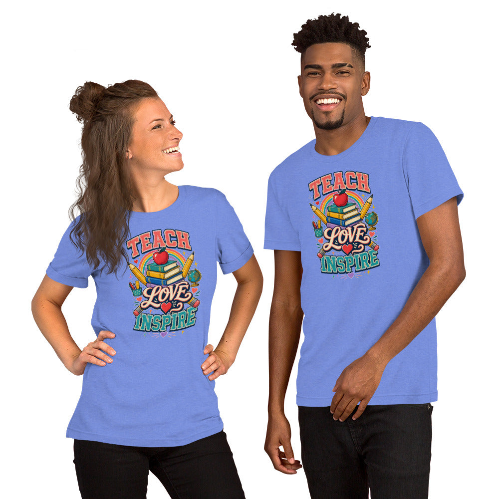 Teach Love Inspire Colorful Teacher t-shirt in Heather Columbia Blue, front