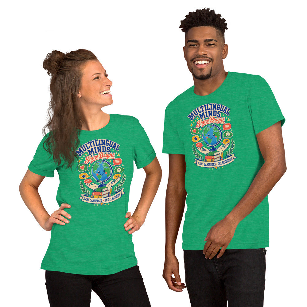 Multilingual Minds Shine Bright Teacher t-shirt in Heather Kelly, front