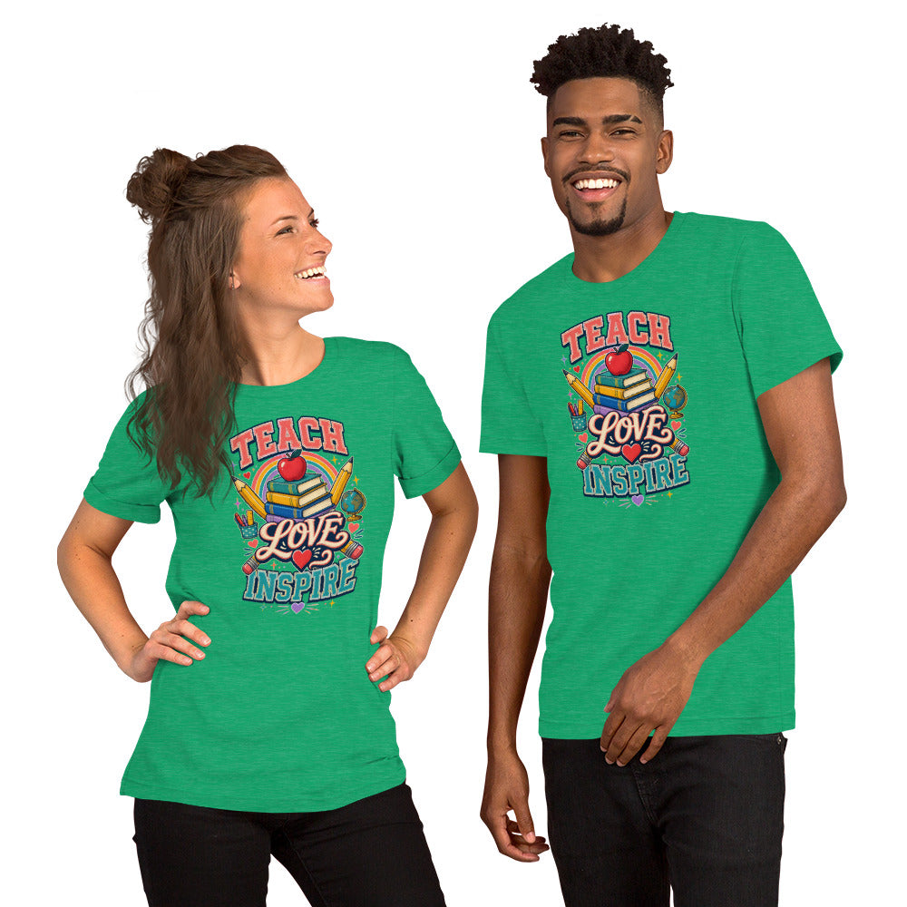 Teach Love Inspire Colorful Teacher t-shirt in Heather Kelly, front