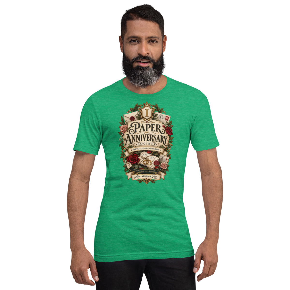 Paper Anniversary Society t-shirt in Heather Kelly, front