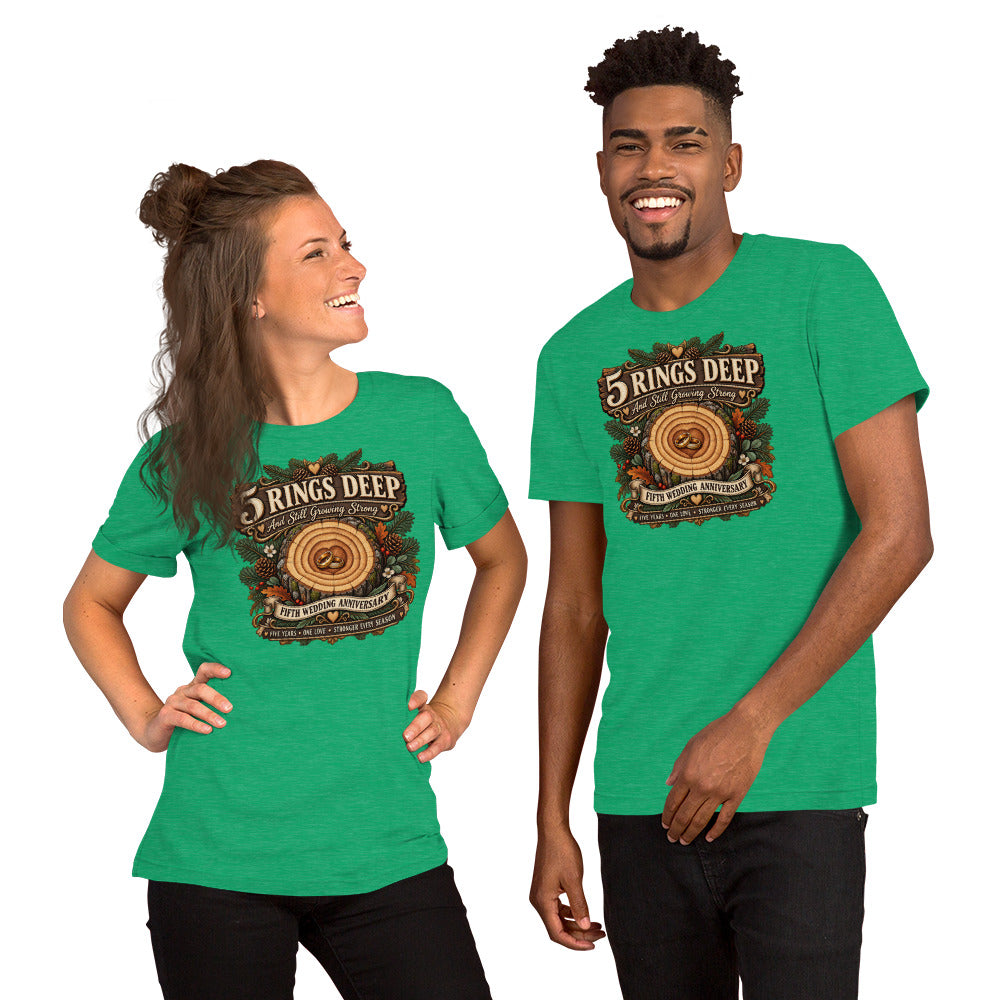 5 Rings Deep 5th Anniversary t-shirt in Heather Kelly, front
