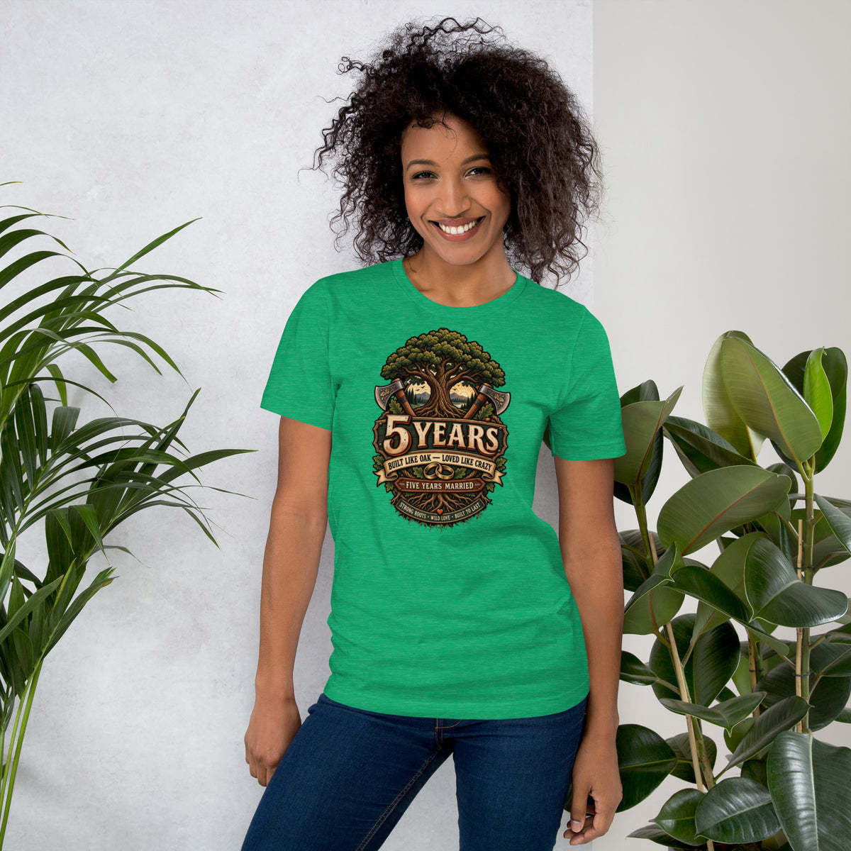 Built Like Oak 5th Anniversary t-shirt in Heather Kelly, front