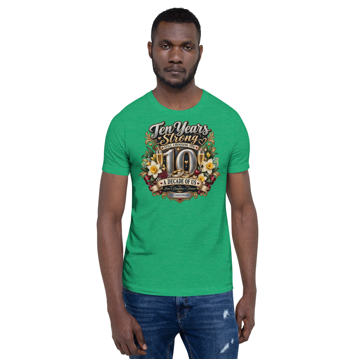 Ten Years Strong 10th Anniversary t-shirt in Heather Kelly, front