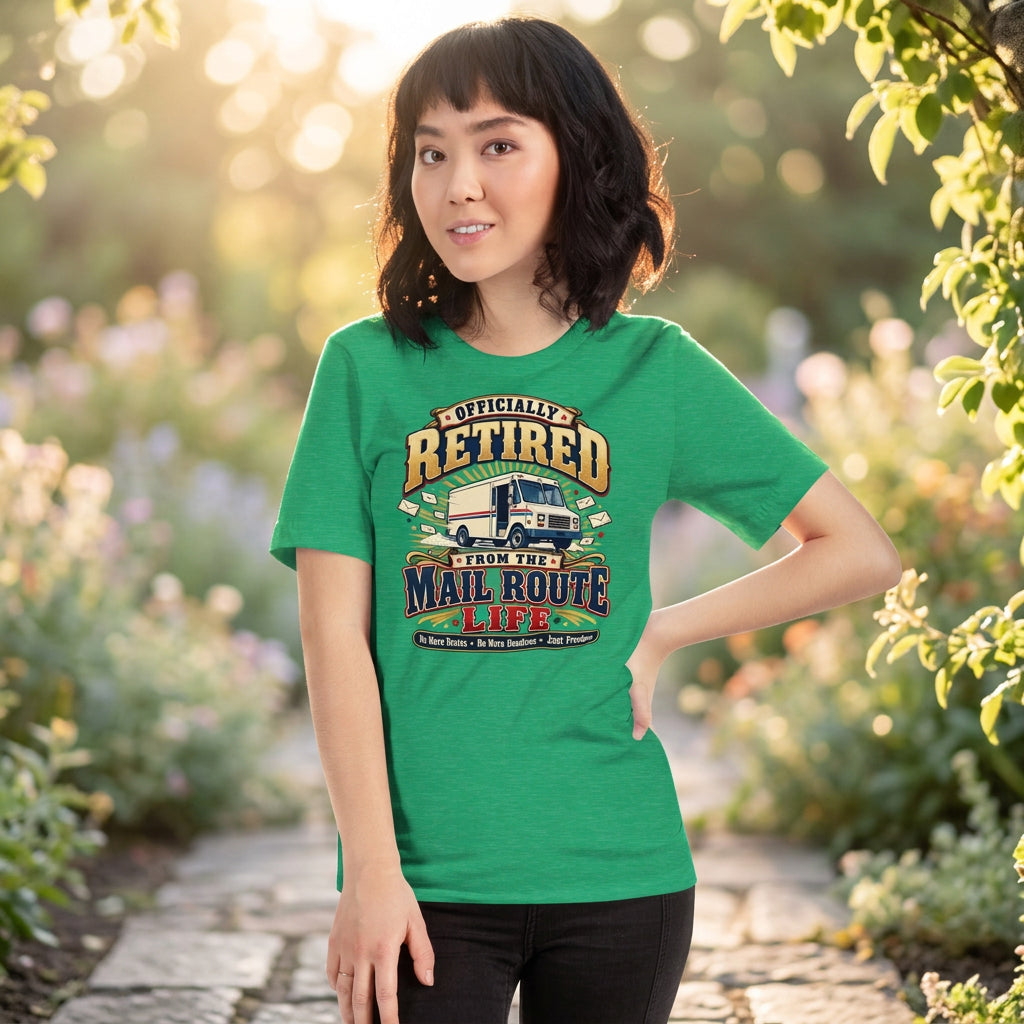 A woman modeling a green short-sleeve graphic t-shirt with a vintage-style 'Officially Retired From the Mail Route Life' print on the front, set against a plain white background.